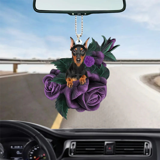Doberman In Purple Rose Car Hanging Ornament, Car Ornament For Men Women, Christmas Decoration