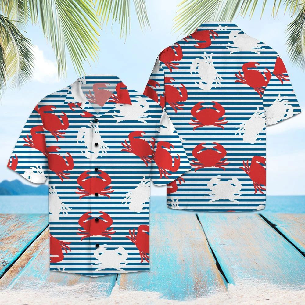 Amazing Crab On Blue Striped Pattern Hawaiian Shirt, Hawaiian For Gift