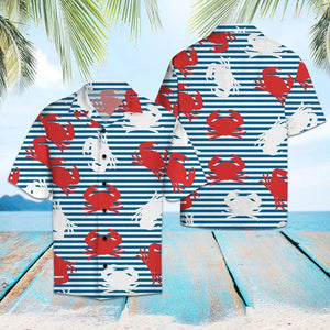 Amazing Crab On Blue Striped Pattern Hawaiian Shirt, Hawaiian For Gift