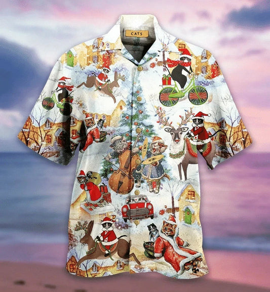 Meowy Christmas Funny Cat Santa Activities Hawaiian Shirt, Hawaiian Shirt Gift, Christmas Gift