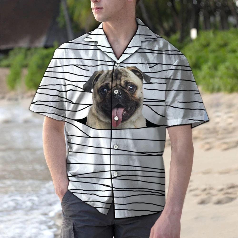 Hawaiian Shirt Mummies Pug Doodle Black Lines In White, Hawaiian Shirt Gift, Christmas Gift