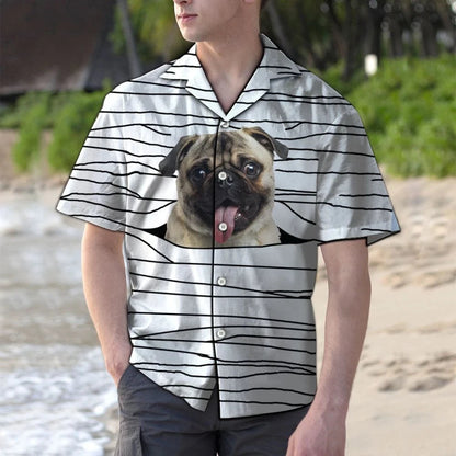 Hawaiian Shirt Mummies Pug Doodle Black Lines In White, Hawaiian Shirt Gift, Christmas Gift
