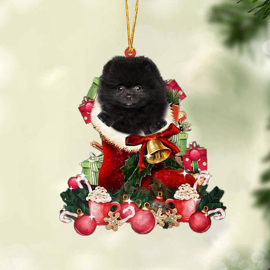 BLACK Pomeranian-Red Boot Hanging Christmas Plastic Hanging Ornament, Christmas Ornament Gift, Christmas Gift, Christmas Decoration