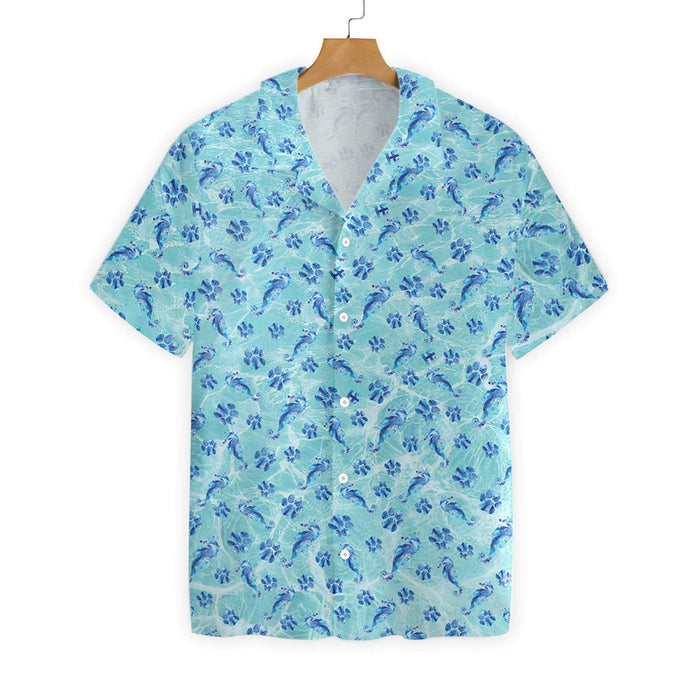 Dog Paw And Hippocampus Blue Background Hawaiian Shirt,Hawaiian Shirt Gift, Christmas Gift