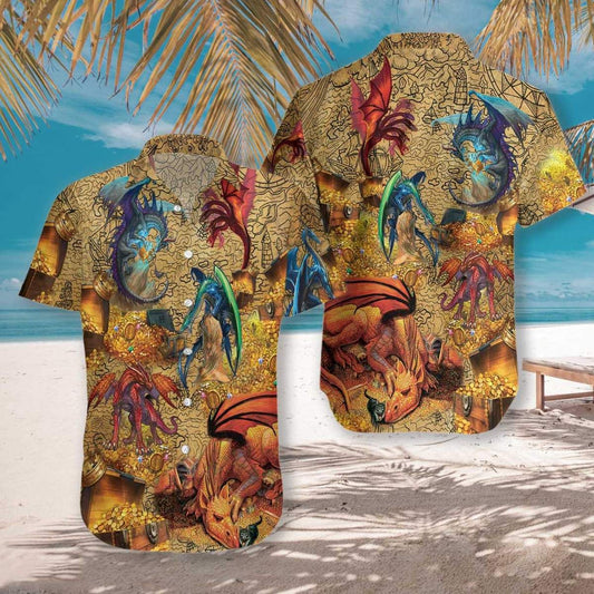Dragons With Treasure Hawaiian Aloha Shirt Unisex Shorts Sleeve Colorful Hawaiian Shorts Beach Short Sleeve_Hawaiian Shirt Gift, Christmas Gift