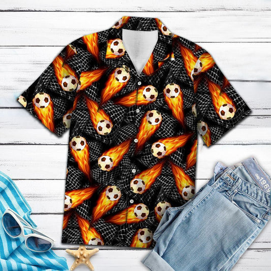 Soccer Fire Flying To Goal Pattern Hawaiian Shirt,Hawaiian Shirt Gift, Christmas Gift