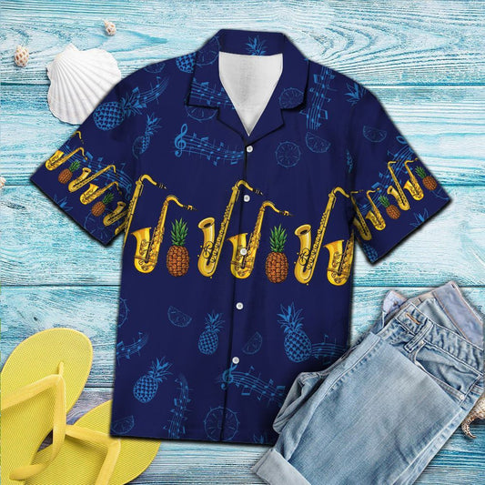 Gold Saxophone And Pineapple On Navy Pattern Hawaiian Shirt, Hawaiian Shirt Gift, Christmas Gift