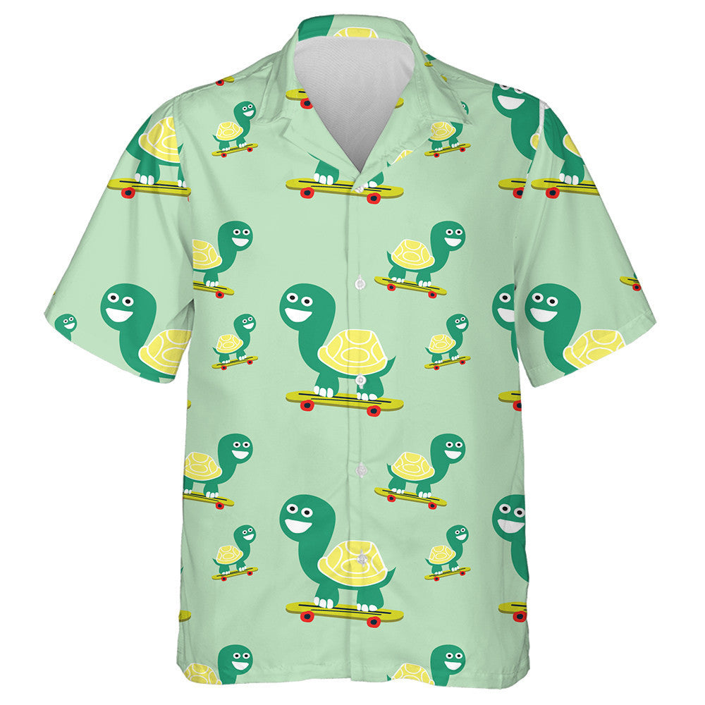 Happy Little Green Turtle Play Skateboarding Hawaiian Shirt, Hawaiian Shirt Gift, Christmas Gift