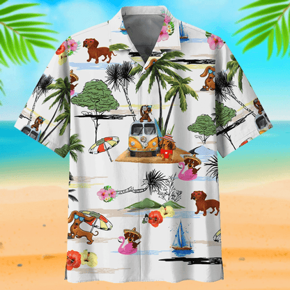 Beach And Dachshunds Cute Beach Cartoon Hawaiian Shirt, Hawaiian For Gift
