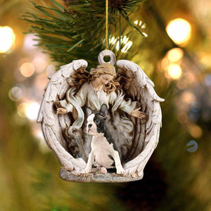 boston-Angel Hug Winter Love Two Sided Christmas Plastic Hanging Ornament, Christmas Ornament Gift, Christmas Gift, Christmas Decoration