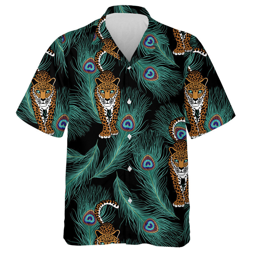 Leopard And Peacock Feather Black Background Hawaiian Shirt, Hawaiian For Gift
