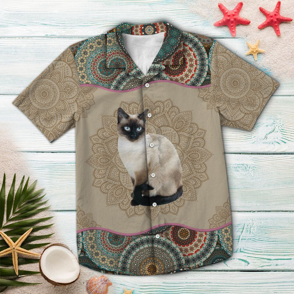 Cool Siamese Cat Mandala Flower Patchwork Pattern Hawaiian Shirt, Hawaiian Shirt Gift, Christmas Gift