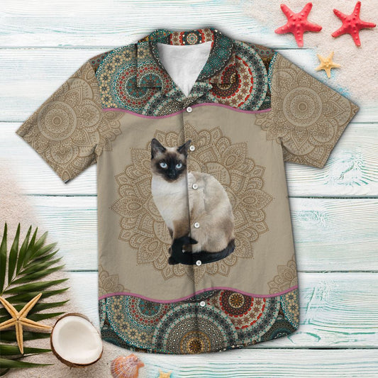 Cool Siamese Cat Mandala Flower Patchwork Pattern Hawaiian Shirt, Hawaiian Shirt Gift, Christmas Gift
