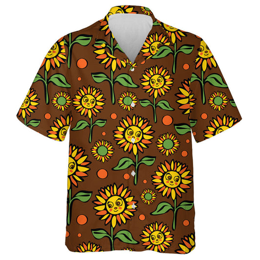Cartoon Smiley Face Sunflowers On Brown Background Hawaiian Shirt, Hawaiian Shirt Gift, Christmas Gift