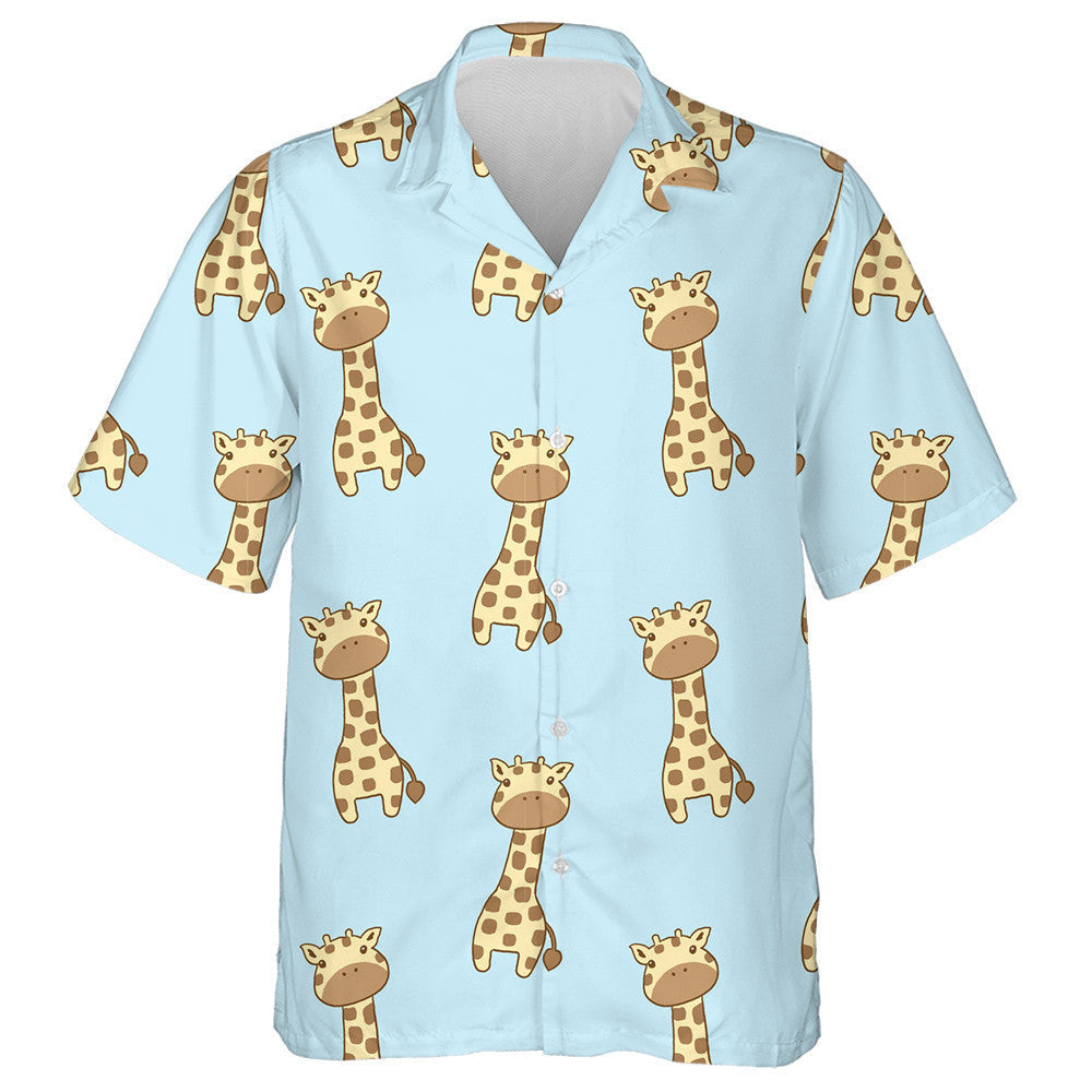 Cartoon Adorable Giraffe On Blue Background Pattern Hawaiian Shirt, Hawaiian Shirt Gift, Christmas Gift