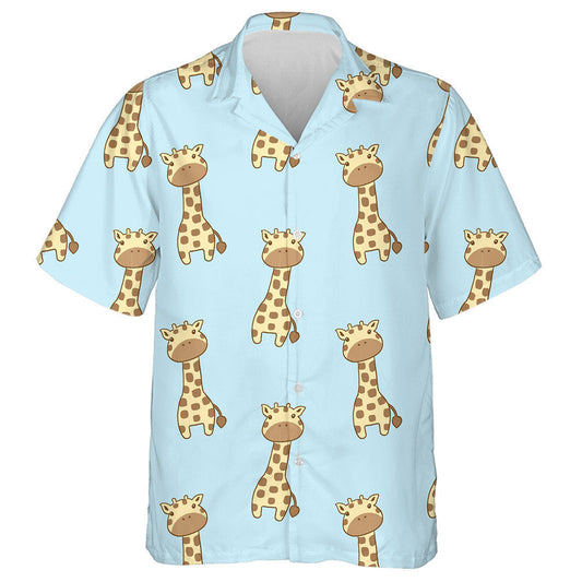 Cartoon Adorable Giraffe On Blue Background Pattern Hawaiian Shirt, Hawaiian Shirt Gift, Christmas Gift