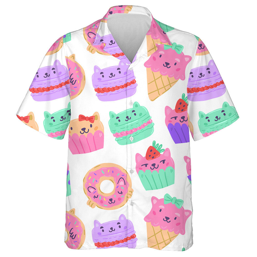 Cat Muffins Cupcakes And Macarons On White Hawaiian Shirt, Hawaiian Shirt Gift, Christmas Gift