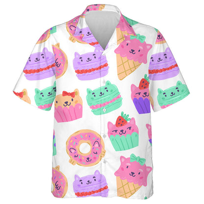 Cat Muffins Cupcakes And Macarons On White Hawaiian Shirt, Hawaiian Shirt Gift, Christmas Gift