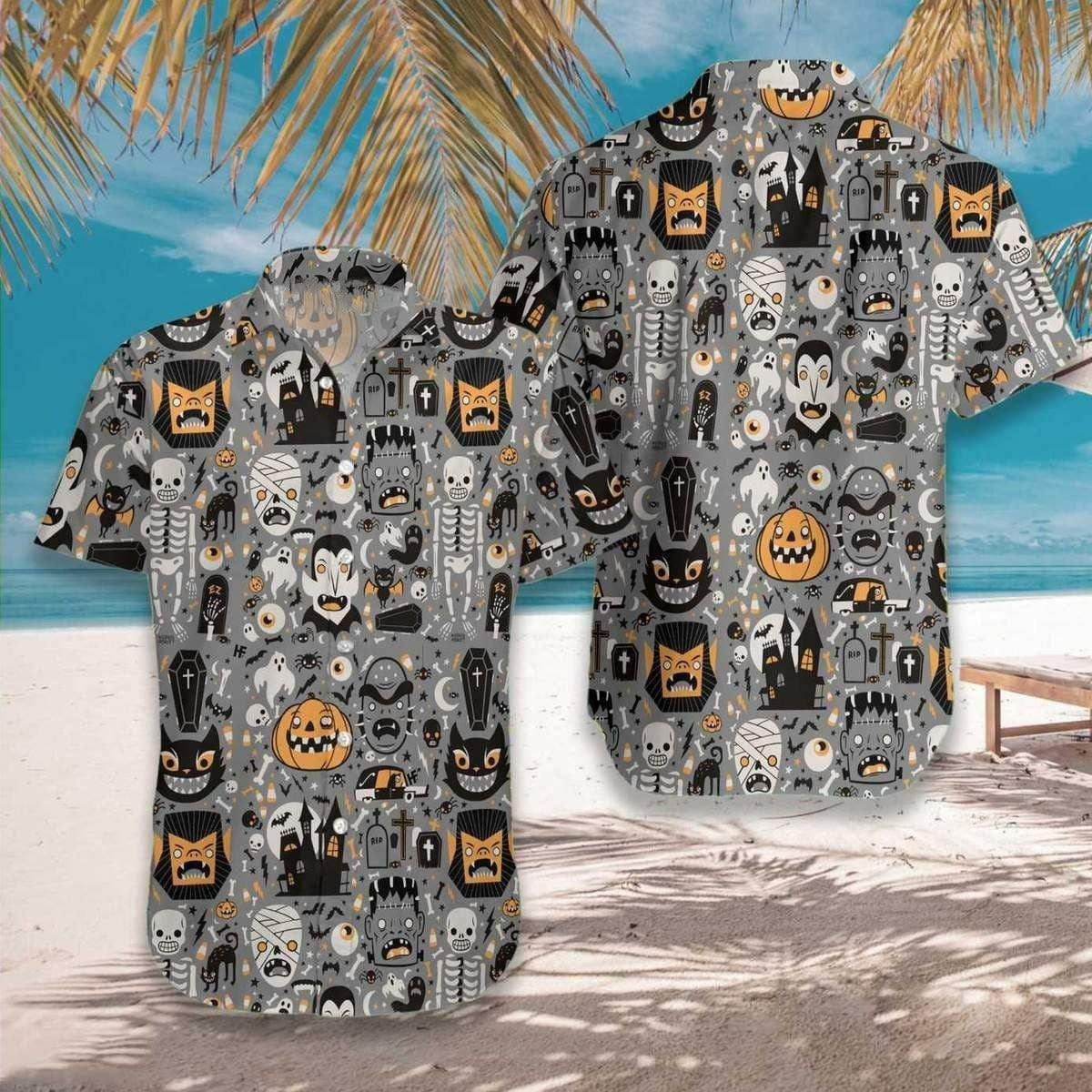 Illustration Hawaiian Shirt Grey Doodle Happy Halloween, Hawaiian For Gift
