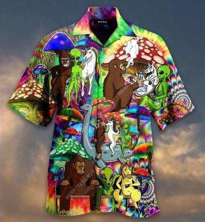 Bigfoot And Unicorn Hippie Souls Design Hawaiian Shirt, Hawaiian For Gift