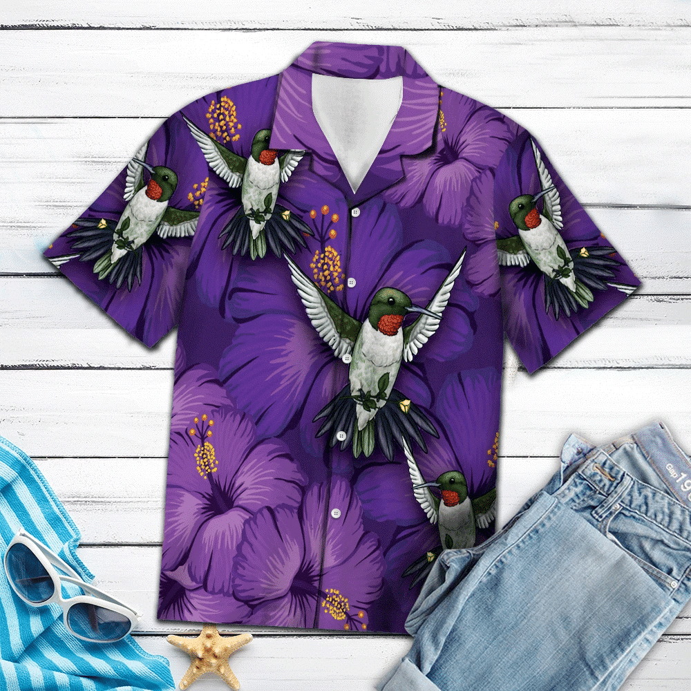 Hawaiian Shirt Blossom Purple Hibiscus With Hummingbird, Hawaiian For Gift