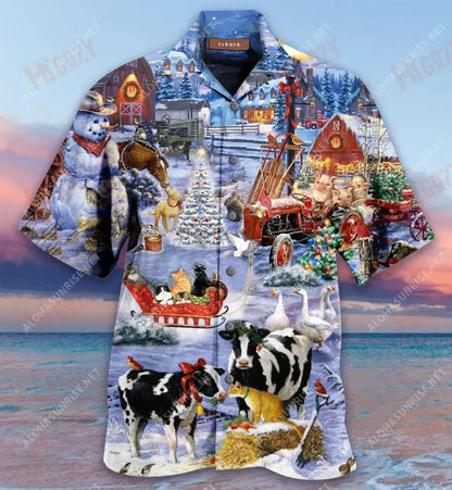 Christmas Night On The Farm Short Hawaiian Shirt Ocean Tropical Shirts Vintage Hawaiian Shirts Crazy Shirts Hawaii__Hawaiian Shirt Gift, Christmas Gift