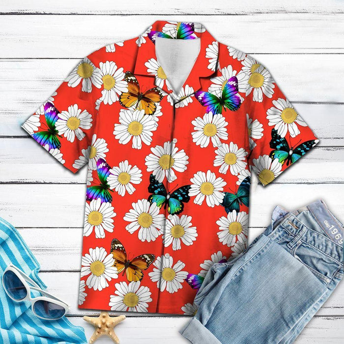 Aloha Shirt Butterfly Daisy Summer T2007 Hawaiian Aloha Shirt Hawaiian Shorts Beach Short Sleeve, Hawaiian Shirt Gift, Christmas Gift