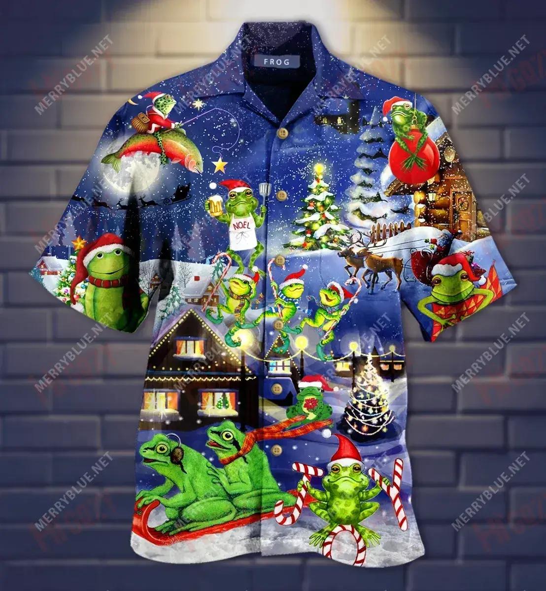 Frogs On Night Christmas Short Hawaiian Shirt Hobbies Hawaiian T Shirts Vintage Hawaiian Shirts Hawaiian Shirts For Women, Hawaiian Shirt Gift, Christmas Gift