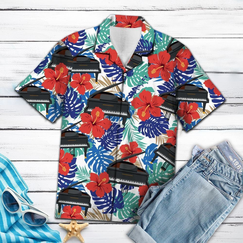 Pianó le Hibiscus Dearga Agus Duilleoga Trópaiceacha Dear Léine Haváí, Bronntanas Léine Haváíais, Bronntanas Nollag