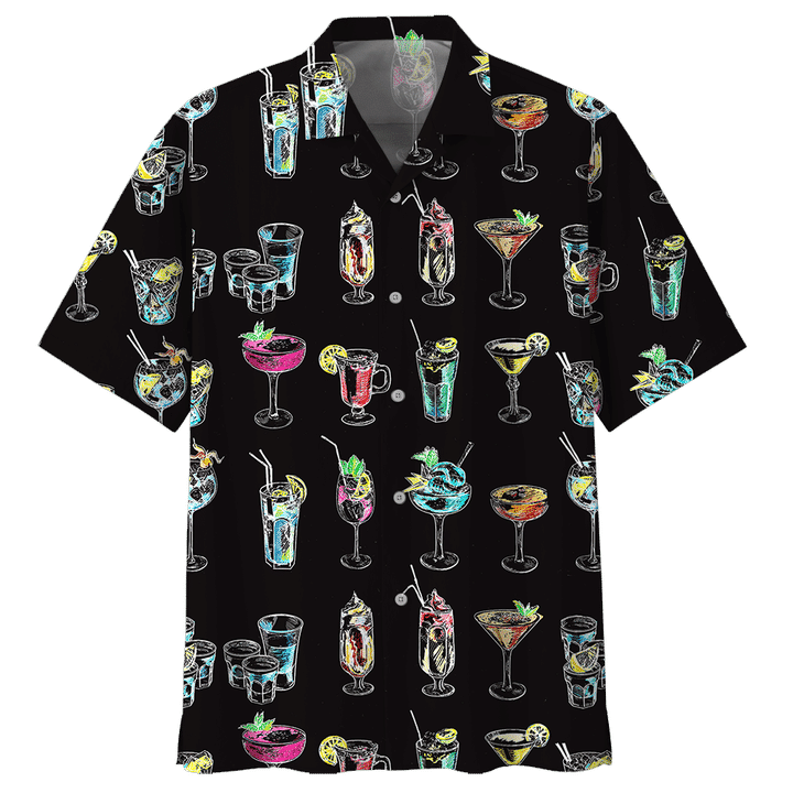 Colorful Cocktail With Black Skin Pattern Hawaiian Shirt, Hawaiian For Gift