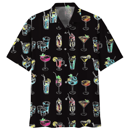 Colorful Cocktail With Black Skin Pattern Hawaiian Shirt, Hawaiian For Gift