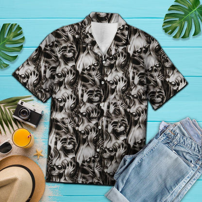 Black And White Gothic Skull Design Hawaiian Shirt, Hawaiian For Gift