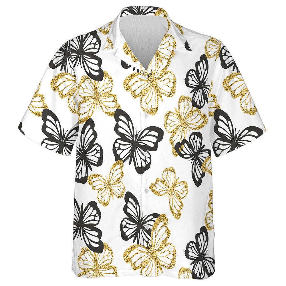 Spring Theme Golden Glitter And Black Butterflies Hawaiian Shirt, Hawaiian Shirt Gift, Christmas Gift