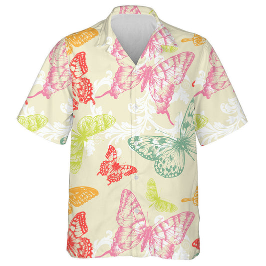 Flying Butterflies And White Flora Background Hawaiian Shirt,Hawaiian Shirt Gift, Christmas Gift