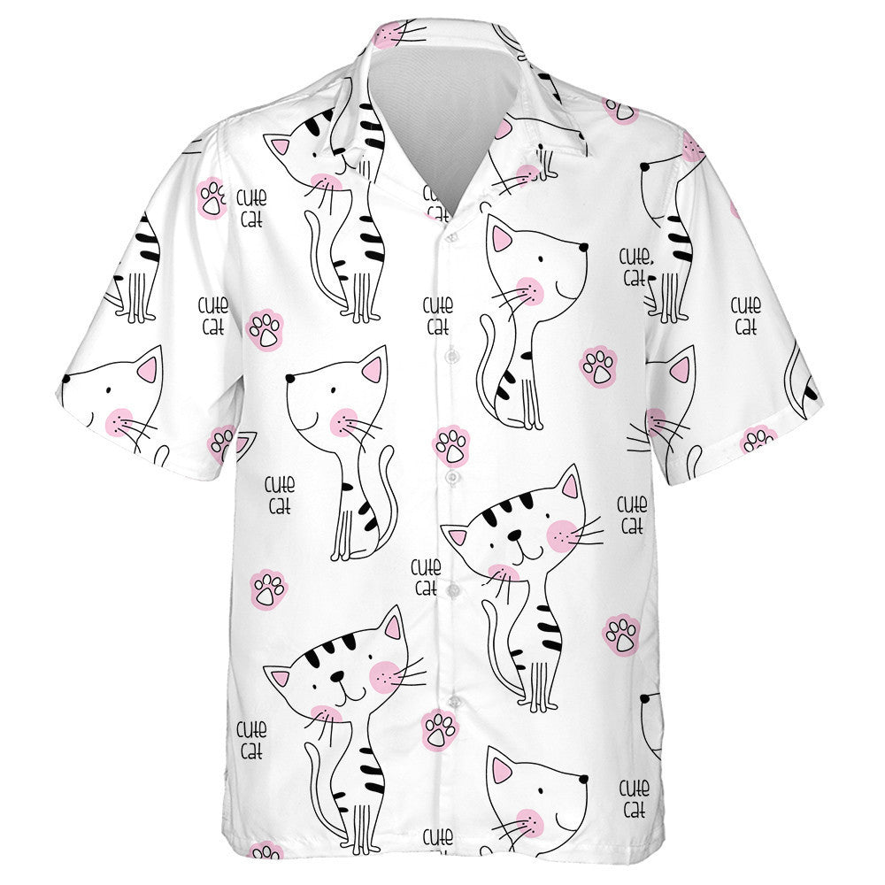 Cute Cats And Pink Paw On White Hawaiian Shirt, Hawaiian Shirt Gift, Christmas Gift