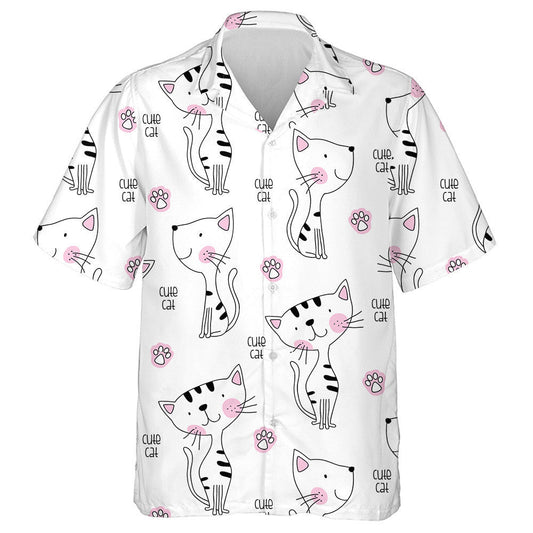 Cute Cats And Pink Paw On White Hawaiian Shirt, Hawaiian Shirt Gift, Christmas Gift