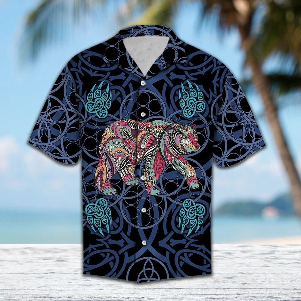 Drawing Colorful Bear Blue Mandala Style Pattern Hawaiian Shirt, Hawaiian Shirt Gift, Christmas Gift