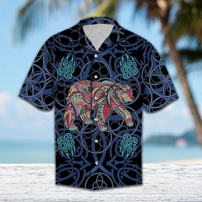 Drawing Colorful Bear Blue Mandala Style Pattern Hawaiian Shirt, Hawaiian Shirt Gift, Christmas Gift