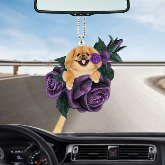 Pekingese In Purple Rose Car Hanging Ornament, Christmas Decoration