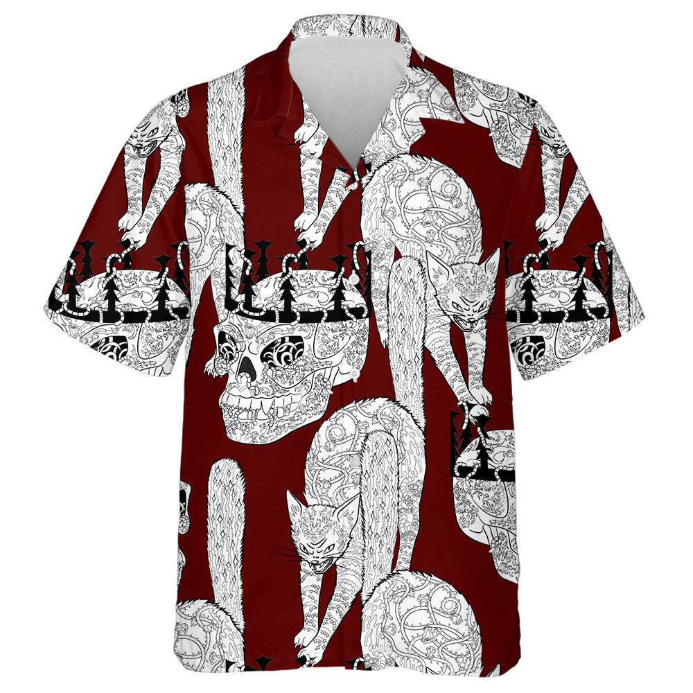 Halloween Cat And Skull On Red Hawaiian Shirt, Hawaiian For Gift