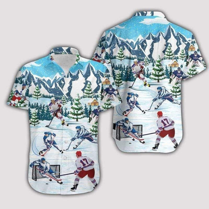 Hawaiian Shirt Christmas Lets Play Hockey Drawing Design, Hawaiian Shirt Gift, Christmas Gift.