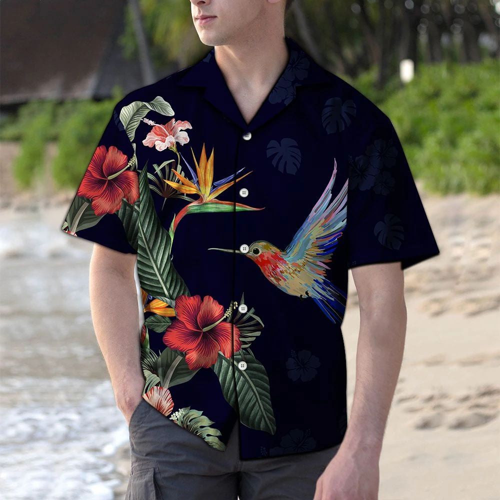 Vivid Tropical Red Flower And Hummingbird Pattern Hawaiian Shirt, Hawaiian Shirt Gift, Christmas Gift