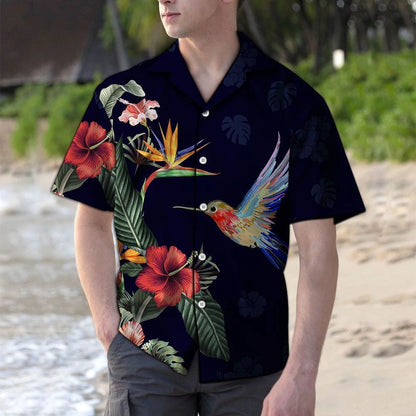Vivid Tropical Red Flower And Hummingbird Pattern Hawaiian Shirt, Hawaiian Shirt Gift, Christmas Gift