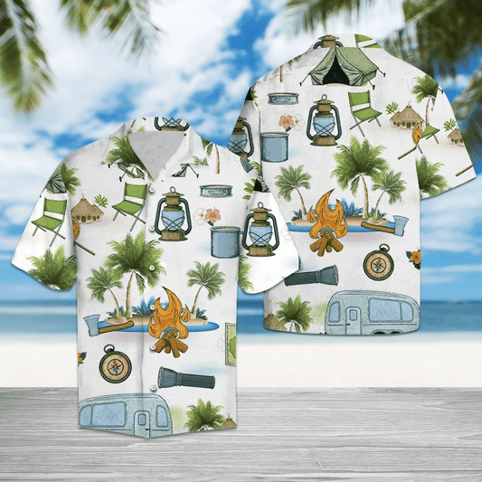 Camping Elements Pattern White Theme Hawaiian Shirt, Hawaiian For Gift