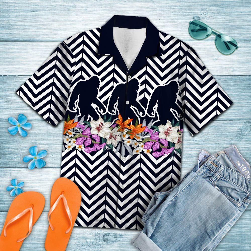 Léine Aloha Bigfoot Bláth Zigzag Haváís Aloha Shirt Shorts Haváís Trá Muinchille Gearr, Bronntanas Nollag