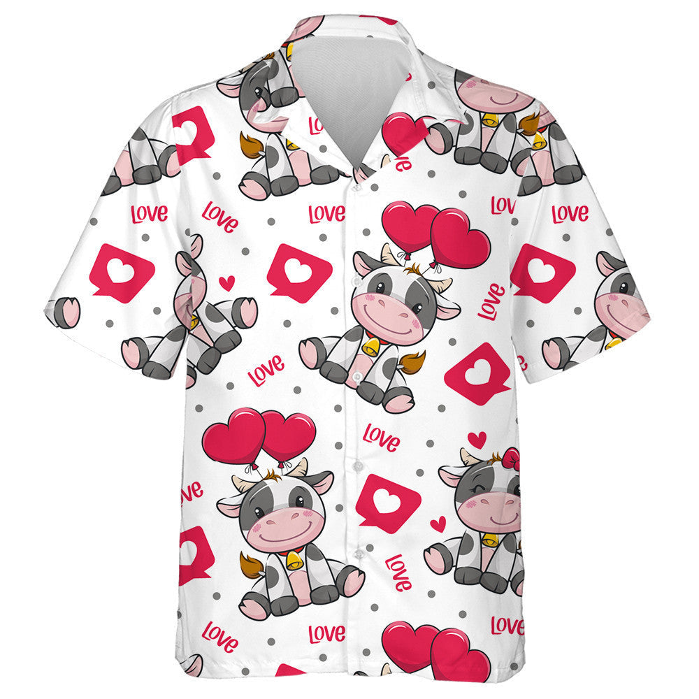 Watercolor Cartoon Cow And Heart Flower Hawaiian Shirt, Hwaiian For Gift