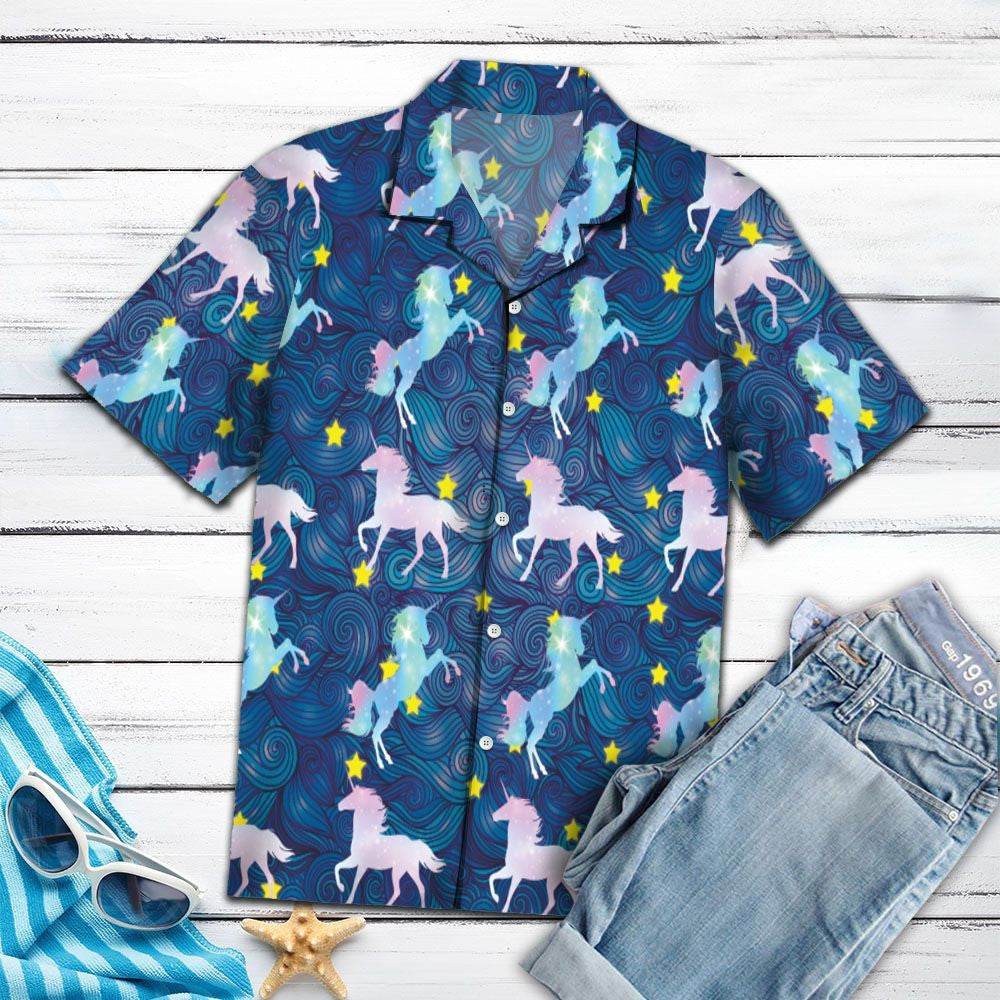 Watercolor Pastel Blue Sky And Unicorn Pattern Hawaiian Shirt, Hawaiian Shirt Gift, Christmas Gift