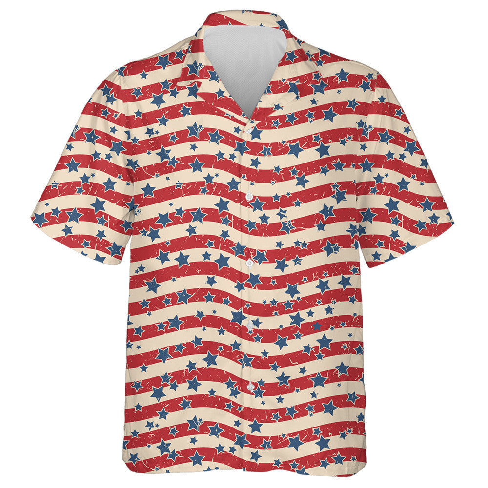 Vintage Red Wavy Background Patriotic USA Stars Hawaiian Shirt, Hawaiian Shirt Gift, Christmas Gift