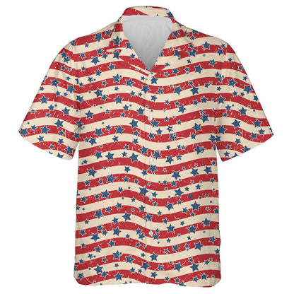 Vintage Red Wavy Background Patriotic USA Stars Hawaiian Shirt, Hawaiian Shirt Gift, Christmas Gift