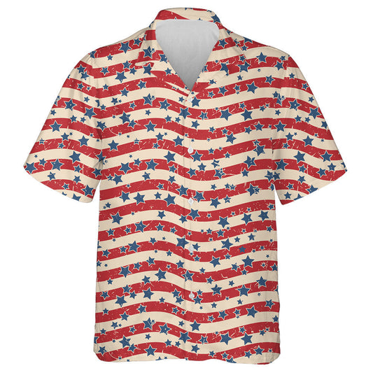 Vintage Red Wavy Background Patriotic USA Stars Hawaiian Shirt, Hawaiian Shirt Gift, Christmas Gift